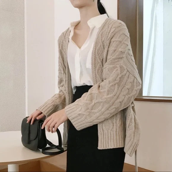 Cardigan belt sweater cable knit khaki womens long sleeve top - Picture 2 of 7
